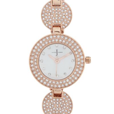 Ladies designer rose gold plated pave disc bracelet watch